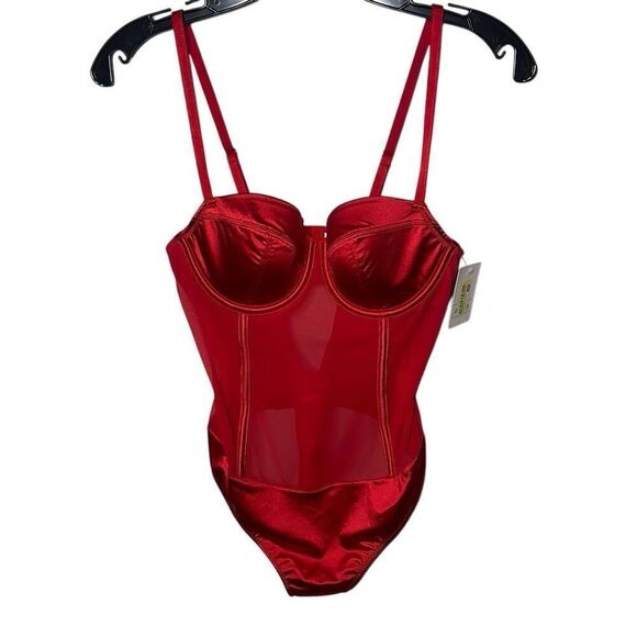 Auden Tops - Auden Women’s Size Small Sexy Lingerie Bodysuit Red Satin Mesh Lightly Lined NWT